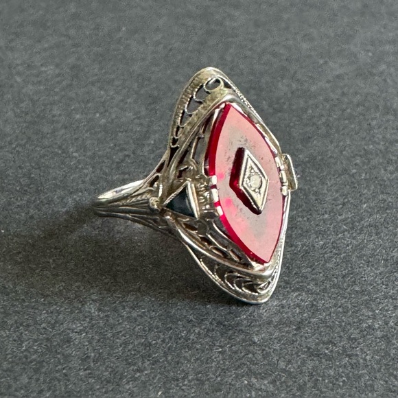 Art Deco 14K White Gold Ring Marquis Lab Ruby Filigree Setting Vintage Size 8 - Picture 8 of 10